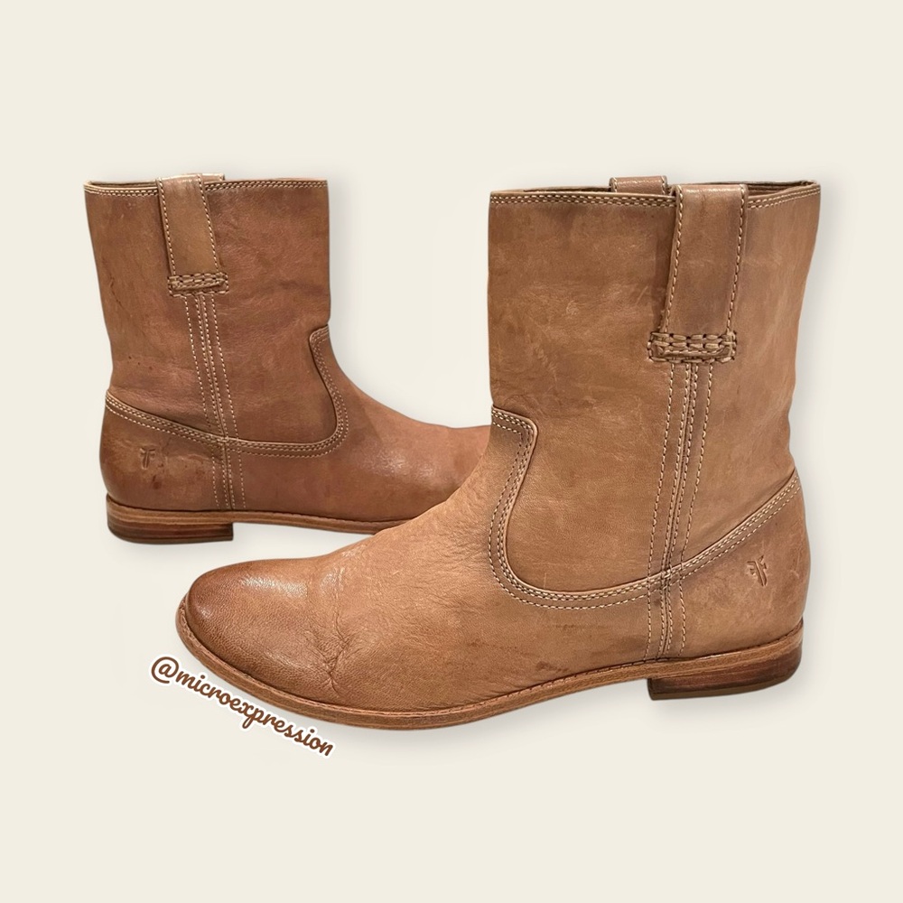 Frye Anna Short Light Tan Leather Pull On Comfy Casual Low Heel Ankle Booties - Picture 7 of 12